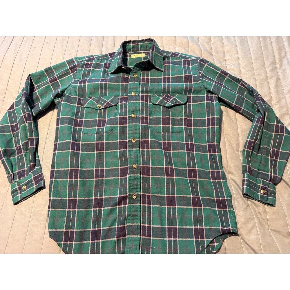 VTG LL Bean Macflannel Shirt Mens Medium Green Plaid Button Down Made in USA